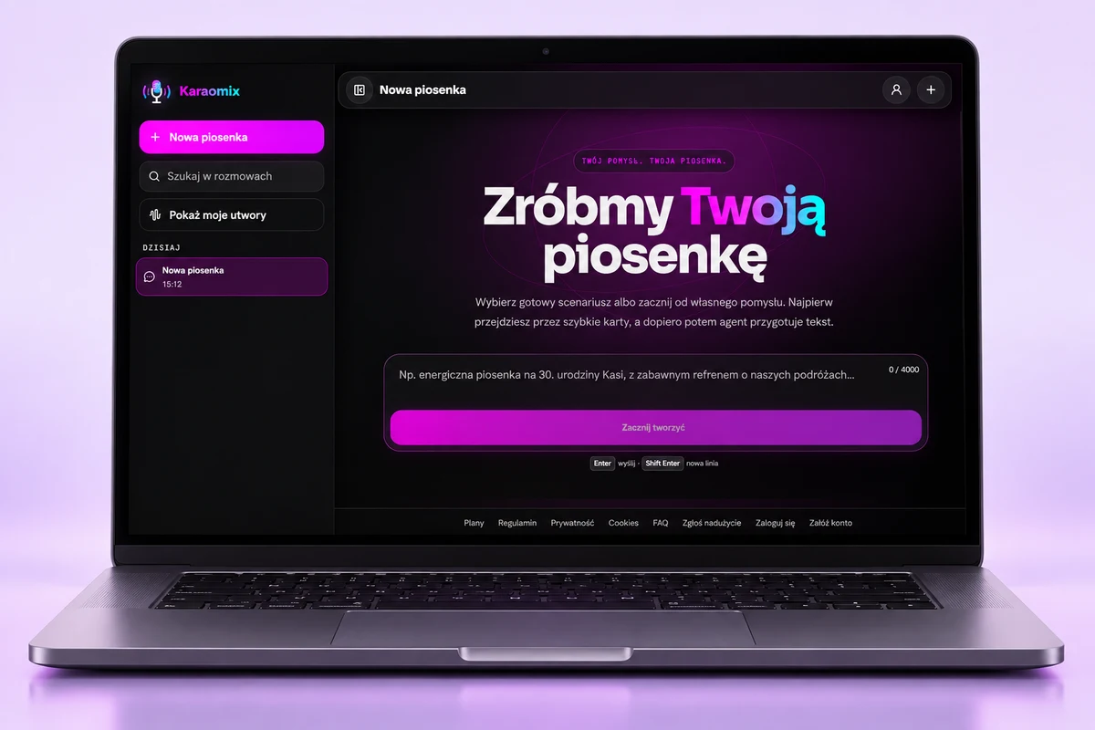 Wizualizacja produktu: Karaomix — ekran tworzenia piosenki na laptopie